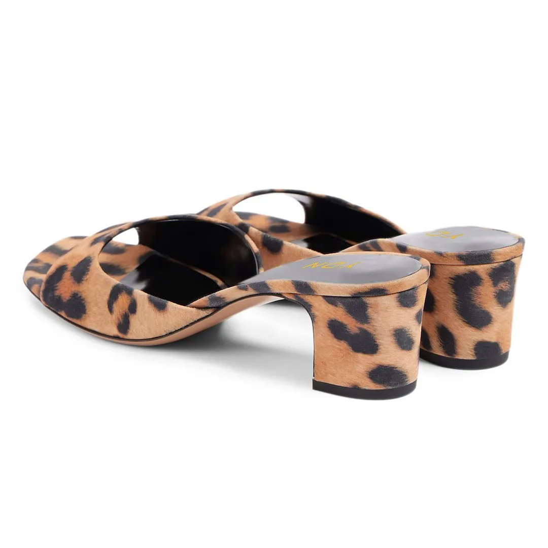 YDN Leopard Print Open Square Toe Slip-On Chunky Heeled Mules