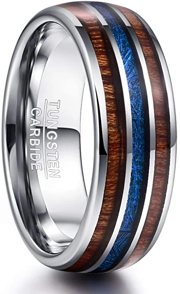 Women Men Tungsten Carbide Rings Domed Hawaiian Koa Wood Blue Imitated Meteorite Inlay Carbon Fiber Couple Wedding Bands Custom