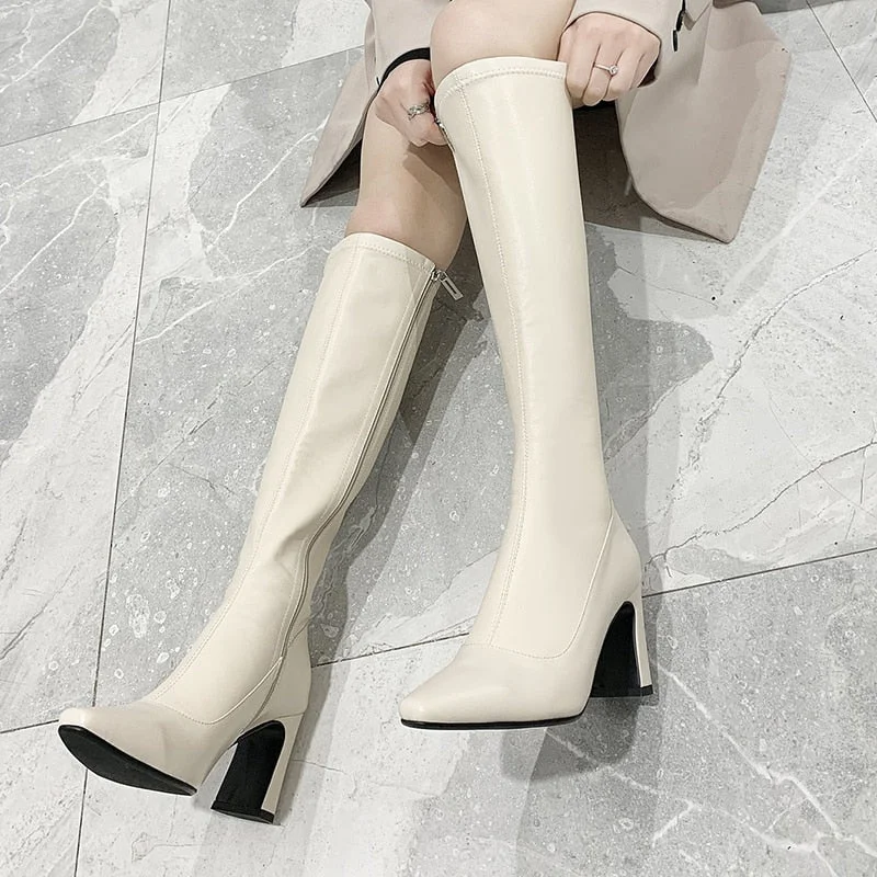 comemore Women New Pointed Toe High Heels Long Boots Winter Warm Short Plush Knee-high Booties Side Zipper Leather shoes Female
