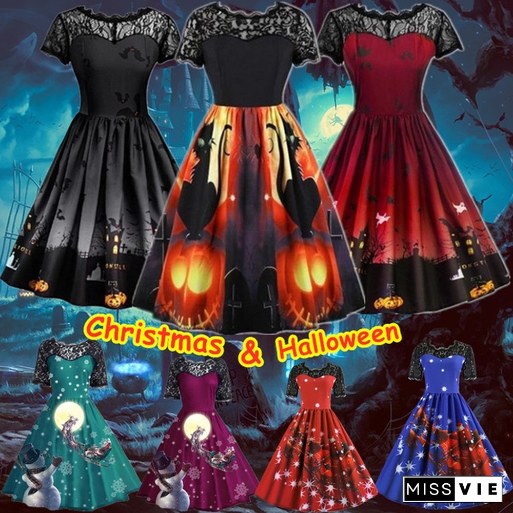 7 Colors Women Fashion Pumpkin Snowflake Print Dress Short Sleeve Lace Dress Christmas Halloween Costume Knee Length Party Dresses