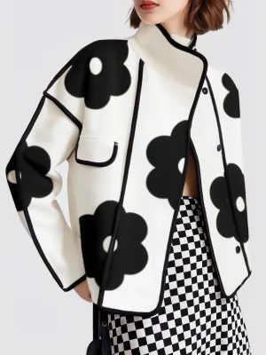 Image of Long Sleeves Loose Contrast Color Flower Print Split-Joint Stand Collar Jackets Outerwear