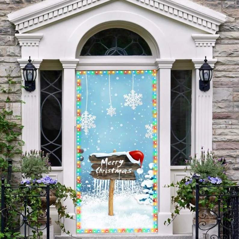 Merry Christmas Front Door Cover Entry Holiday Doors 3D Banner Art Decor House Vinyl Door New Year Holiday Decoration