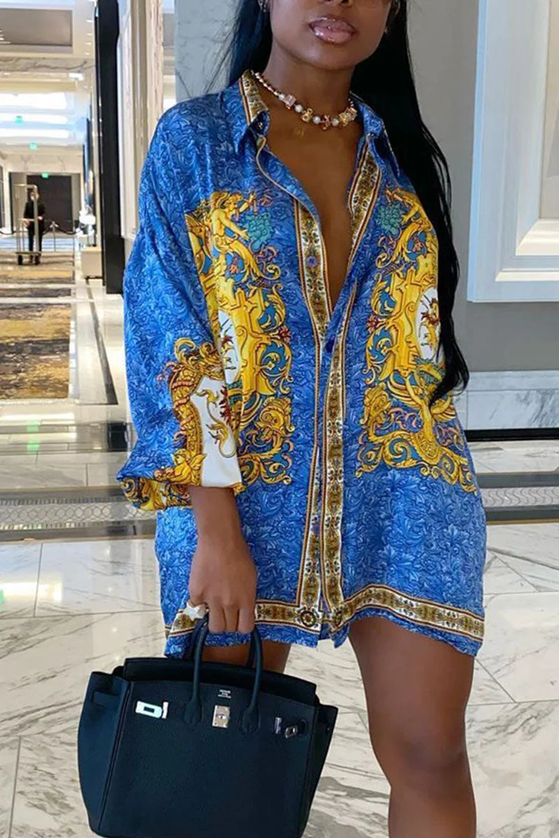 Casual Print Split Joint Buckle Turndown Collar Shirt Dress Plus Size Dresses
