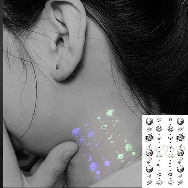 Waterproof Temporary Luminous Tattoo Sticker Moon Lunar Planet Star Sky Element Tattos Flash Tatoo Fake Tatto for Kids Women Men