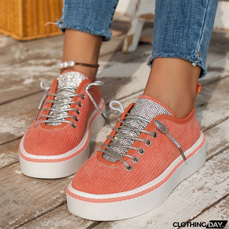 Women's Stylish Thick-Soled Round Toe Lace-Up Rhinestone Casual Shoes