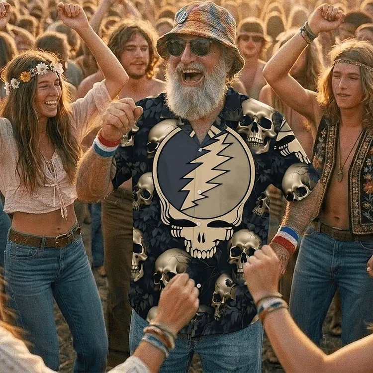 Vintage Grateful Dead Skull & Bear &Terrapin Graphic Cuban Collar Short Sleeve Shirt &ndash; Unisex Retro Cotton Top