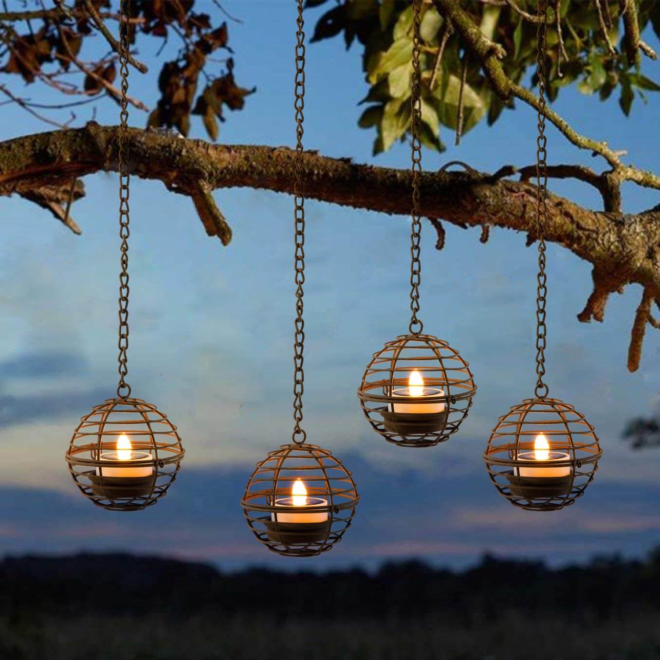 Outdoor Solar Rustic Iron Globe Hanging Lantern Set (4 PCS)