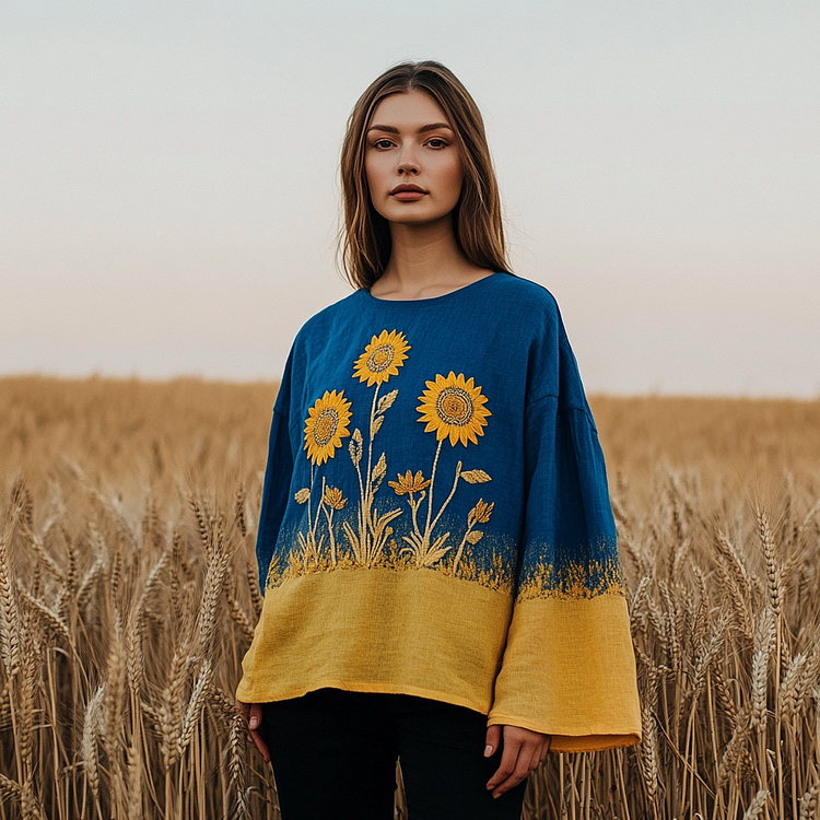 Women's Ukrainian Flag Sunflower Embroidered Crew Neck Linen Blend T-shirt