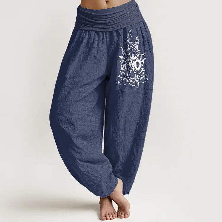 Cotton Minimalist Design Om Symbol Lotus Flame Pattern Women's Elastic Waist Harem Pants