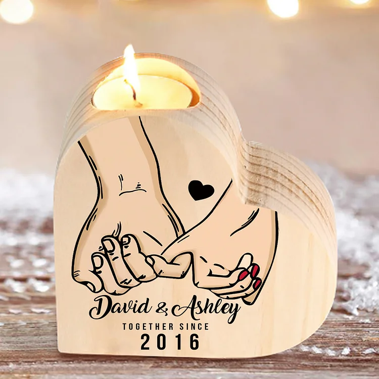 Personalized Name Pinky Hook Promise Couple Heart Candle Holder Engrave Year Wooden Candlesticks Valentines Gift