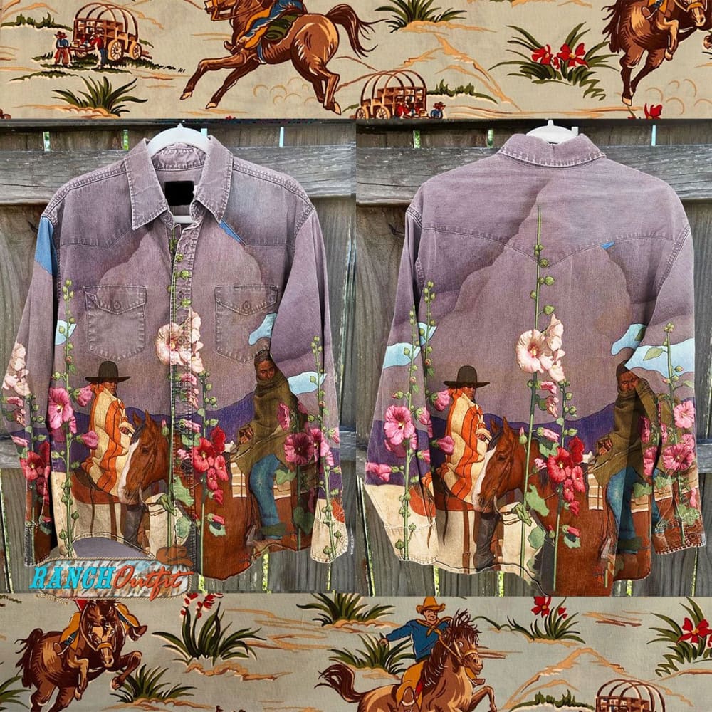 Vintage Wild West Horse Cowboy Flowers Art Print Casual Shirt Multicolor / S