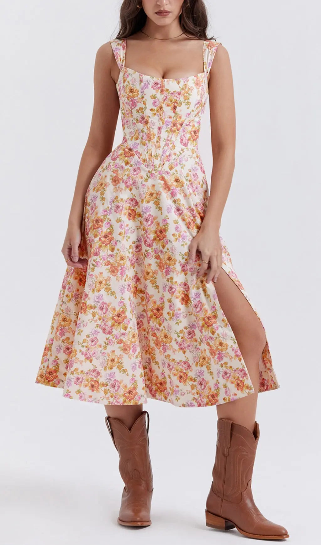 Fashionslee Women Ivory Floral Midi Sundress