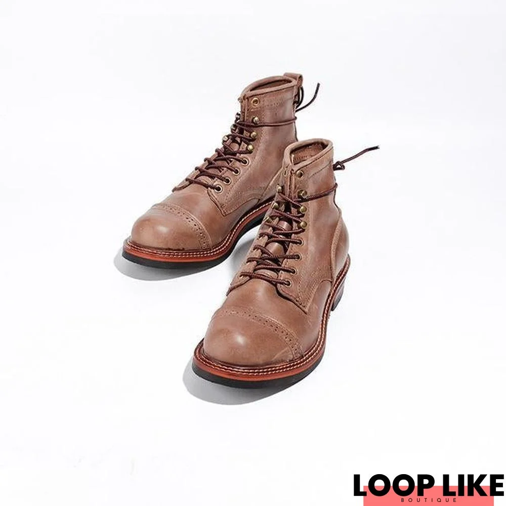Genuine Leather Lace-Up Vintage High Quality Tooling White Ankle Boots Motorcycle Boots
