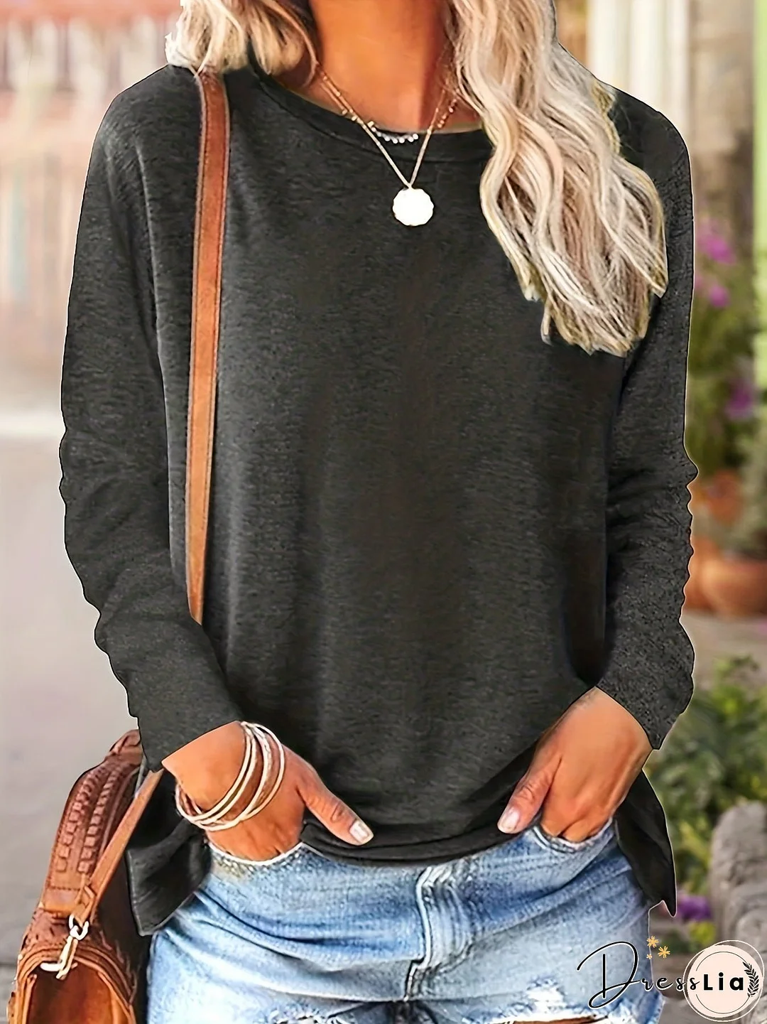 Plus Size Casual T-shirt, Women's Plus Solid Long Sleeve Round Neck Slight Stretch T-shirt