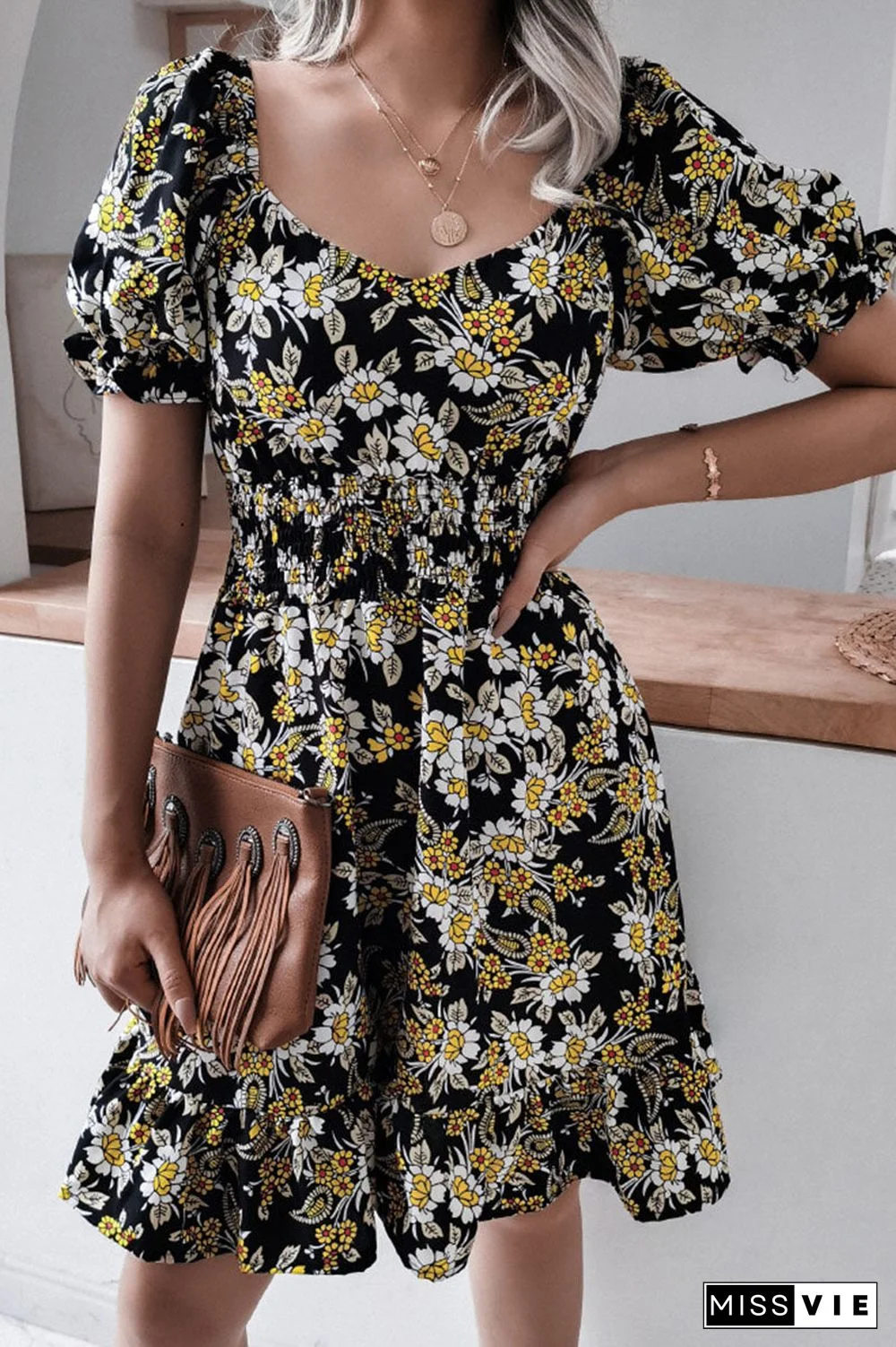 Fashion Casual Print Split Joint Square Collar A Line Dresses