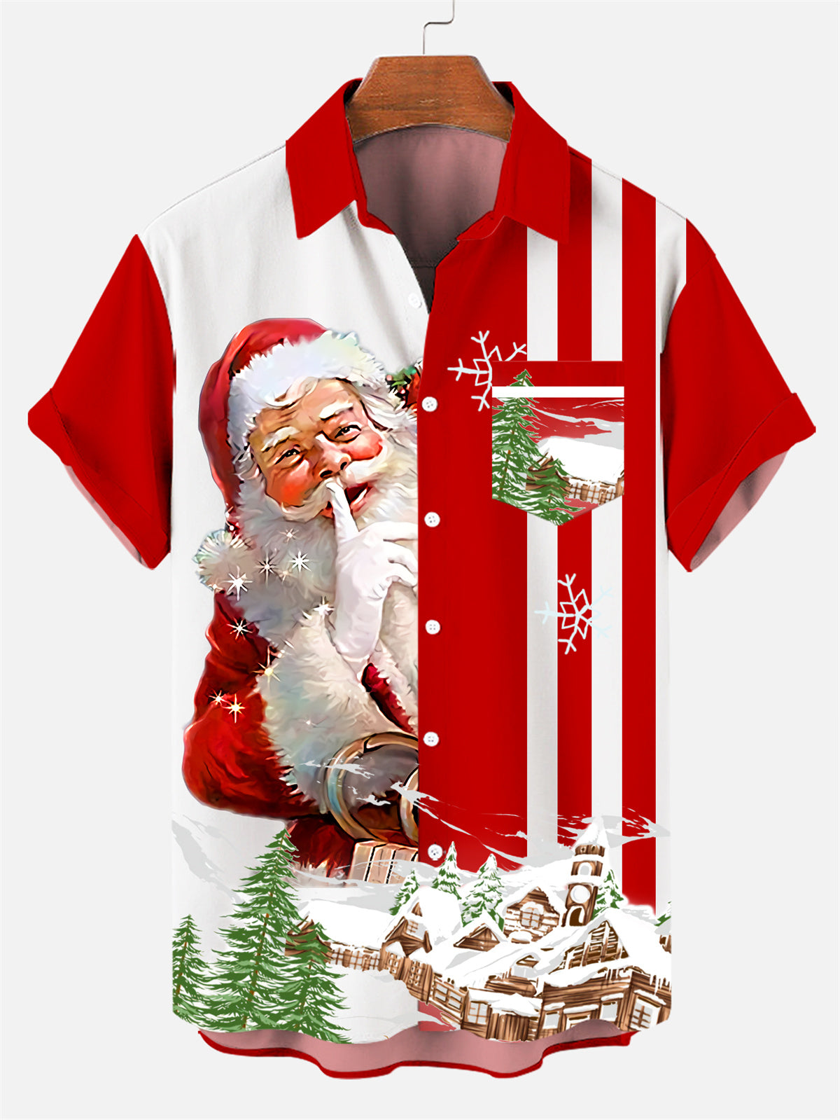 Men's Christmas Father Snow Gift Contrast Stripe Short Sleeve Shirt PLUSCLOTHESMAN