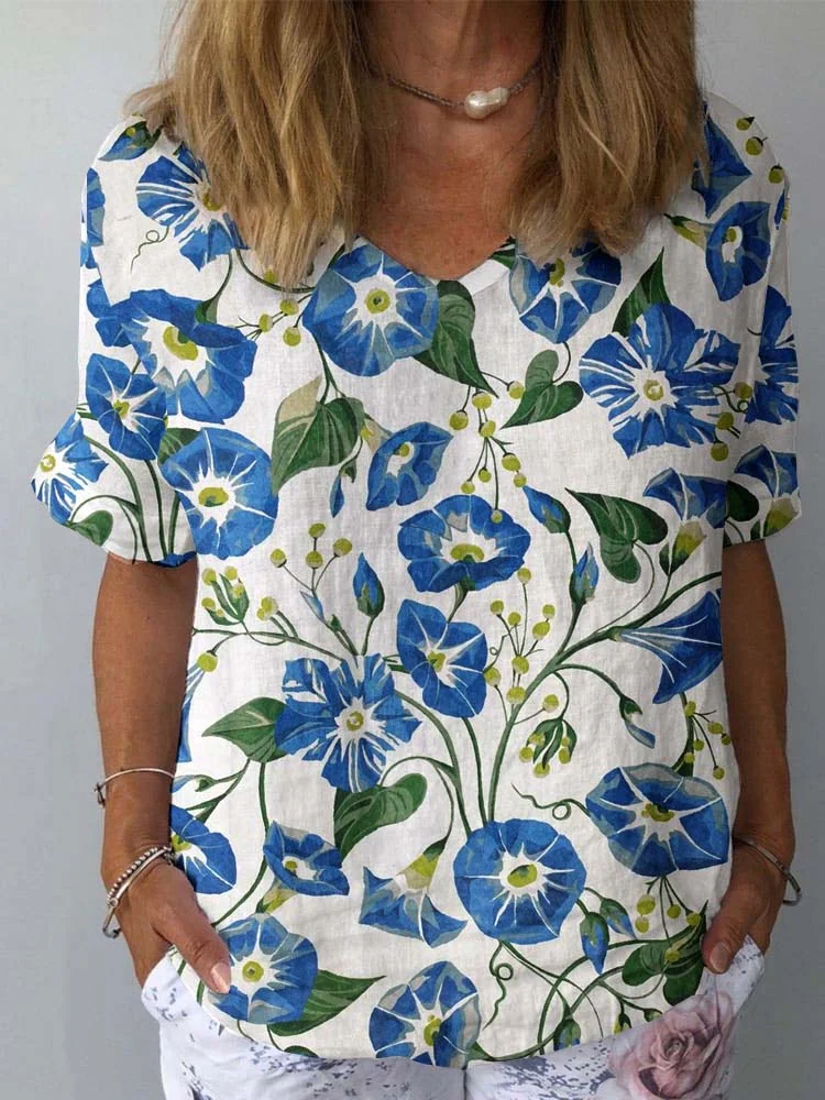 Womens Morning GloryPattern Print Cotton And Linen Top