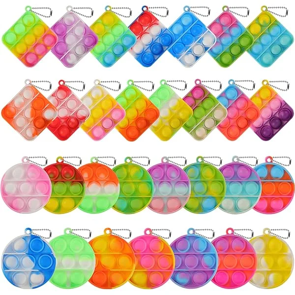 Fidget Toys for Kids Tiny Pops Set of 30 – Flexible Silicone Bulk Party Favor Sensory Toys for Kids 8-12 – Square and Round Fidget Keychain for Teens – Colorful Party Favors for Kids