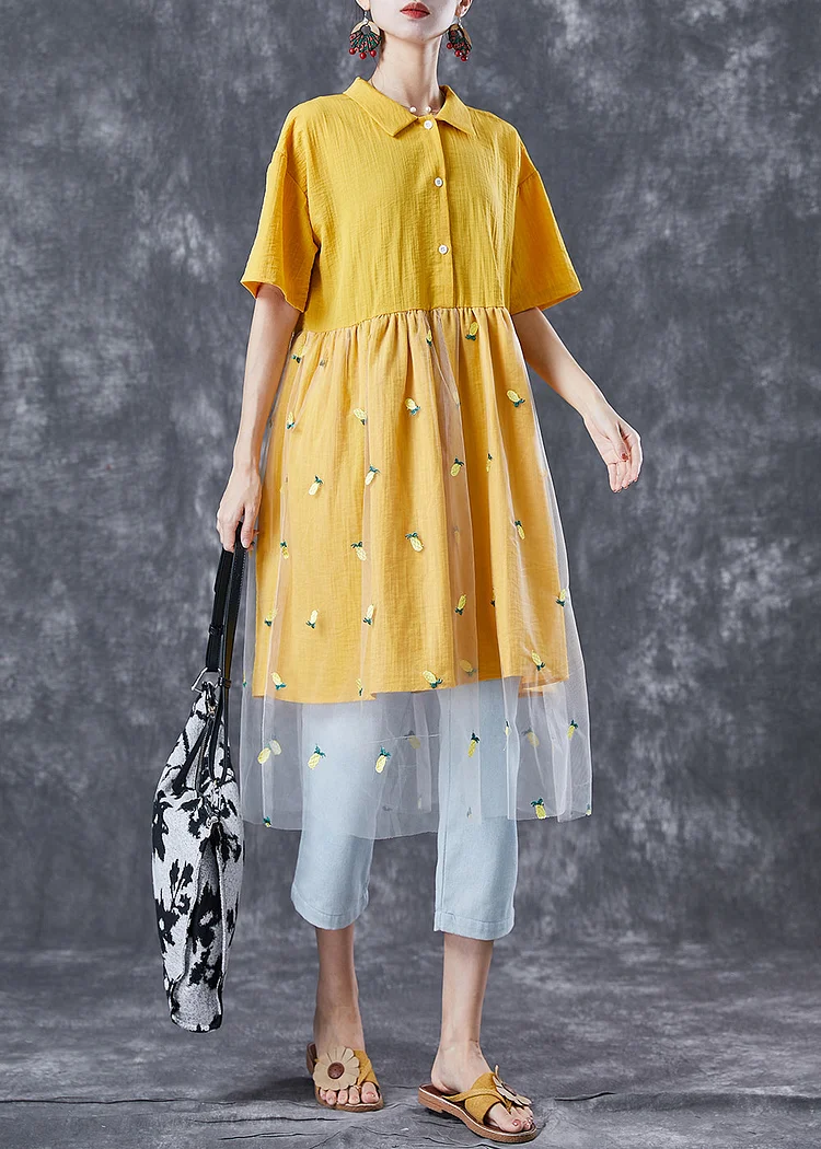 Organic Yellow Embroideried Patchwork Tulle Cotton Dress Summer