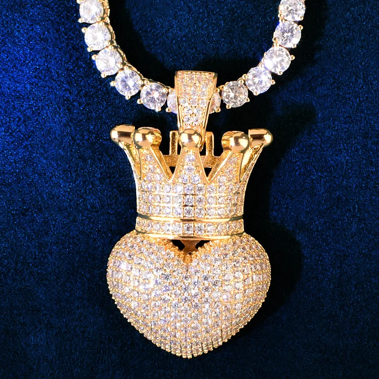 Iced Out Crown Heart Love Pendant Necklace
