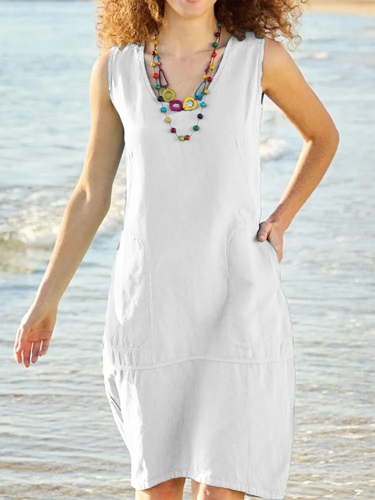 Comstylish Comfy U Neck Sleeveless Pocket Midi Dress