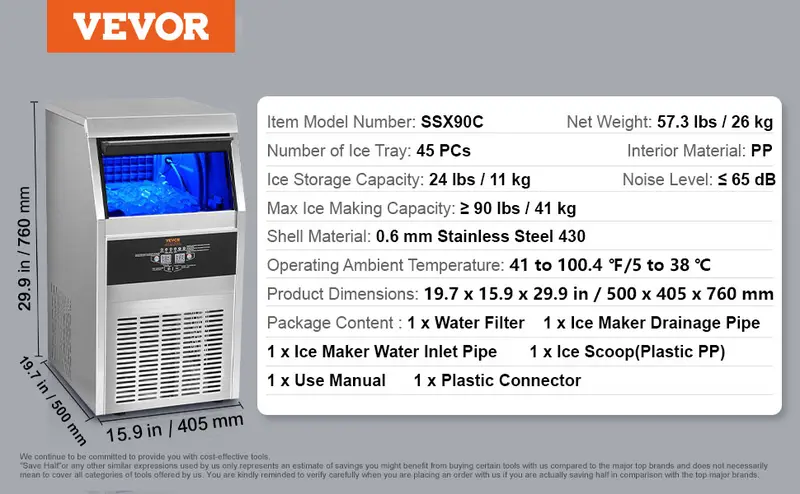 Product Introduction of VEVOR 110V Commercial Ice Maker Machine 120-130LBS/24H with 33LBS Bin. Stainless Steel Automatic Operation Under Counter Ice Machine for Home Bar. Include Water Filter. Scoop VEVOR Super Brand Day 10
