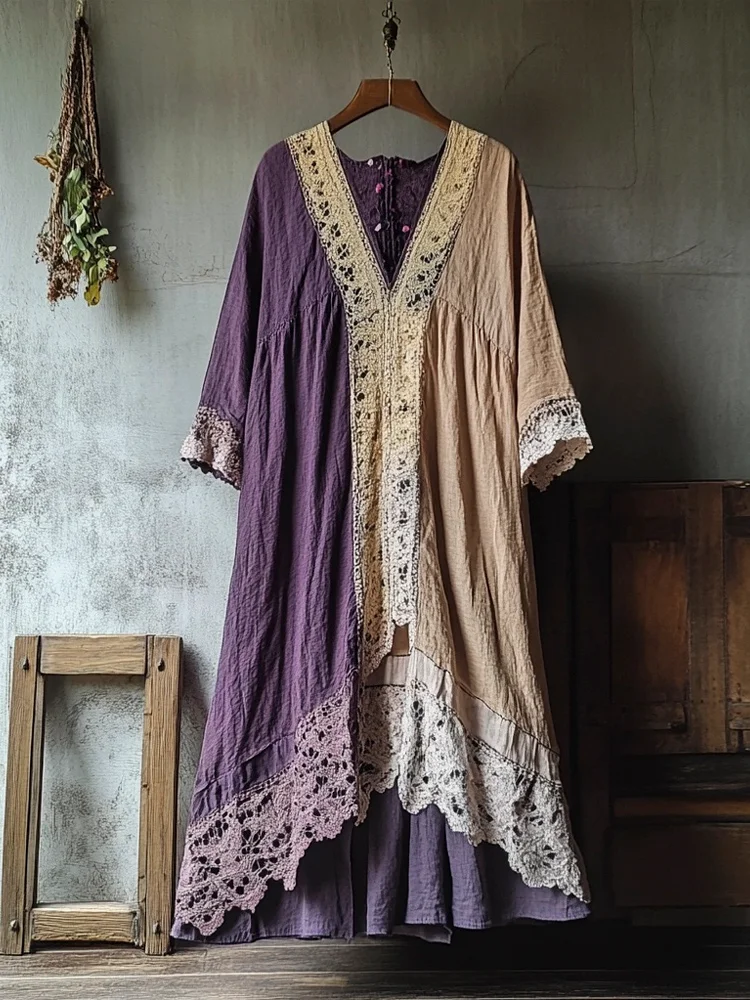 Utbros Vintage Lace Patchwork Clashing Color Women's Linen Long Dress