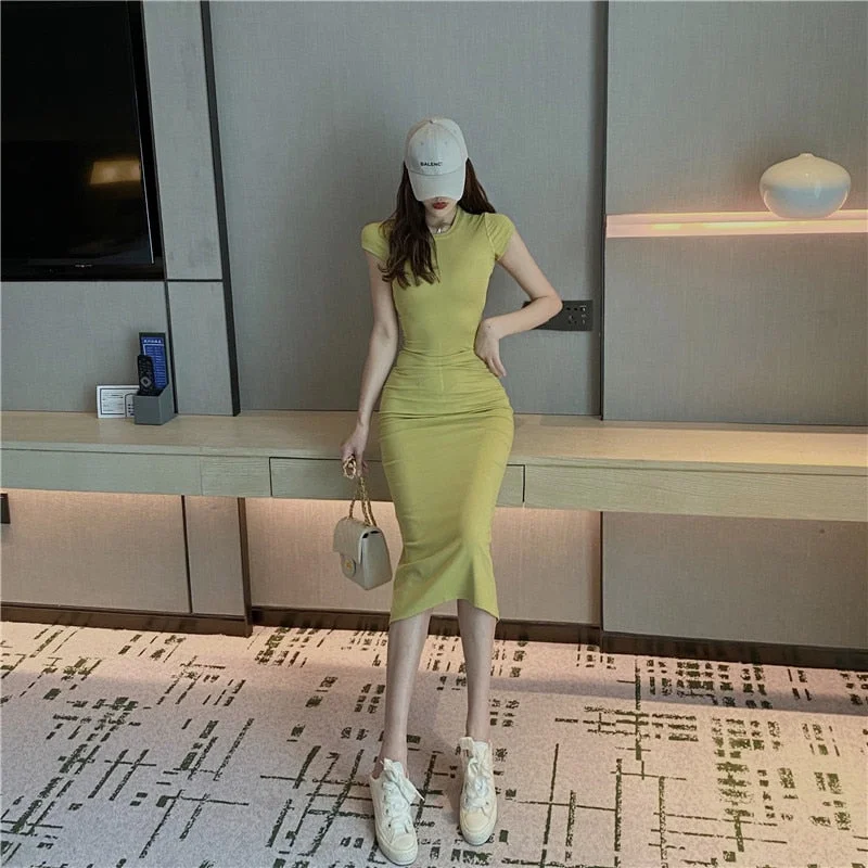 Summer Short Sleeve O-Neck Stretchy Split Dress Women Solid Casual Elegant Robe Bodycon Maxi Vestidos