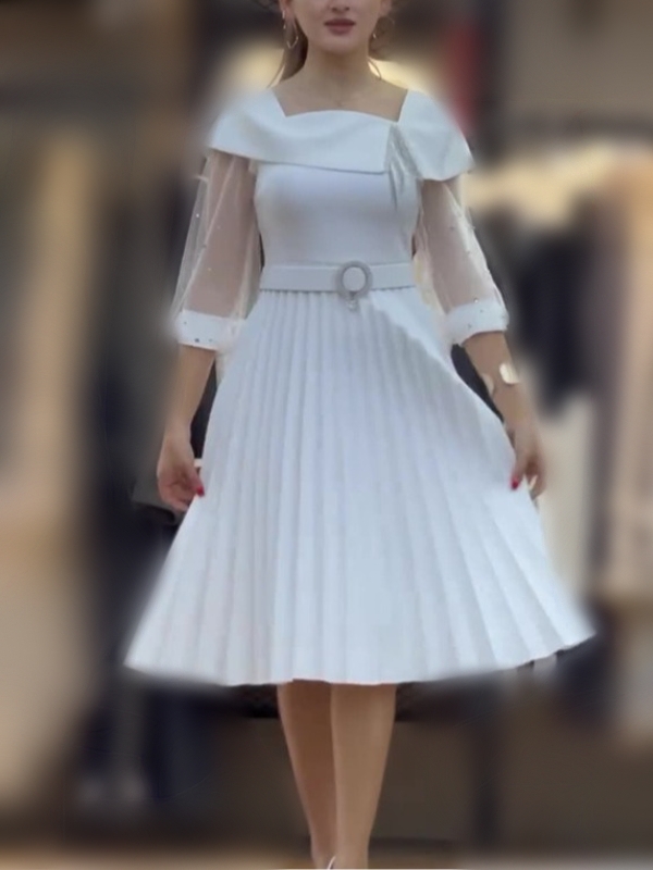 Elegant Mesh Long-sleeved Pleated Maxi Dress with Belt | Oxredo Shop Ramadan Sale