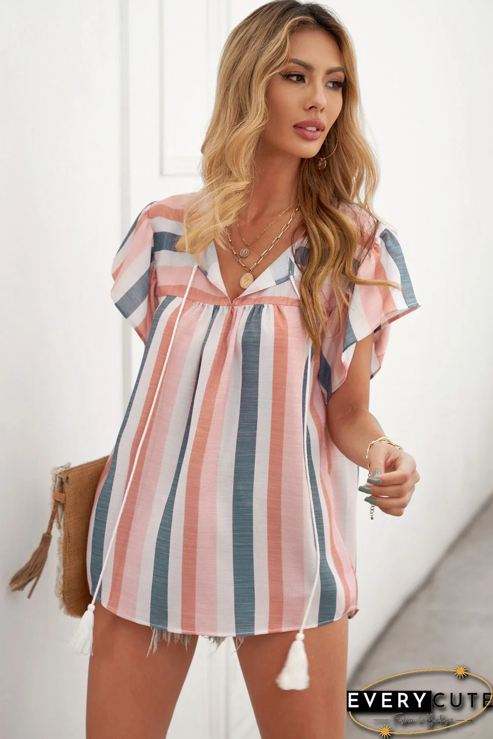 Multicolor Stripes Split Neck Pleated Ruffled Short Sleeves Top