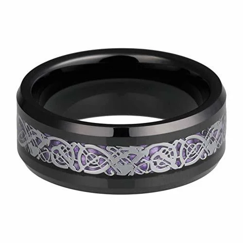 6MM 8MM Women or Mens Tungsten Carbide Wedding Ring Black Resin Inlay with Purple and Silver Celtic Dragon Knot