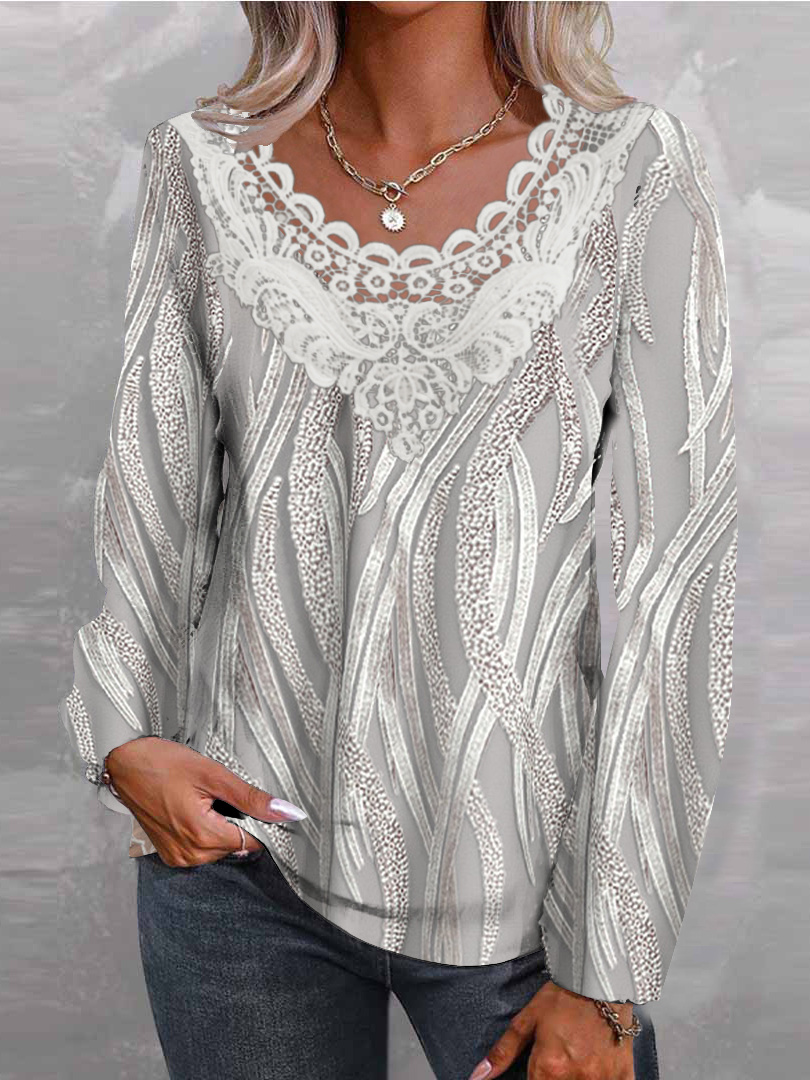 Women Long Sleeve V-neck Graphic Floral Printed Top