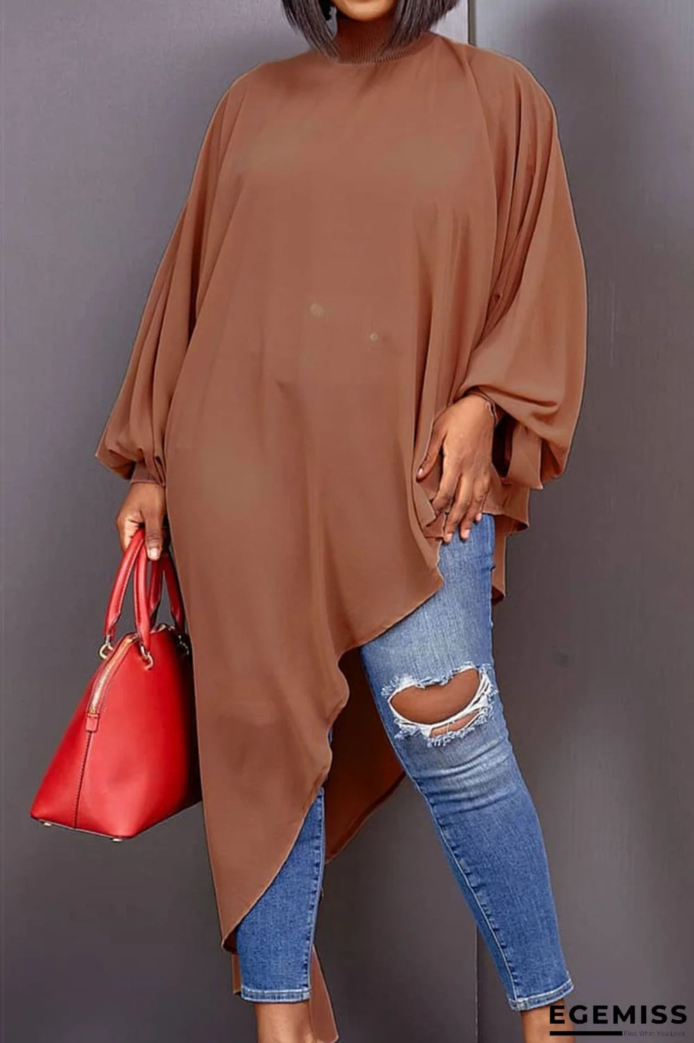 Brown Casual Solid Patchwork Asymmetrical Turtleneck Dresses | EGEMISS