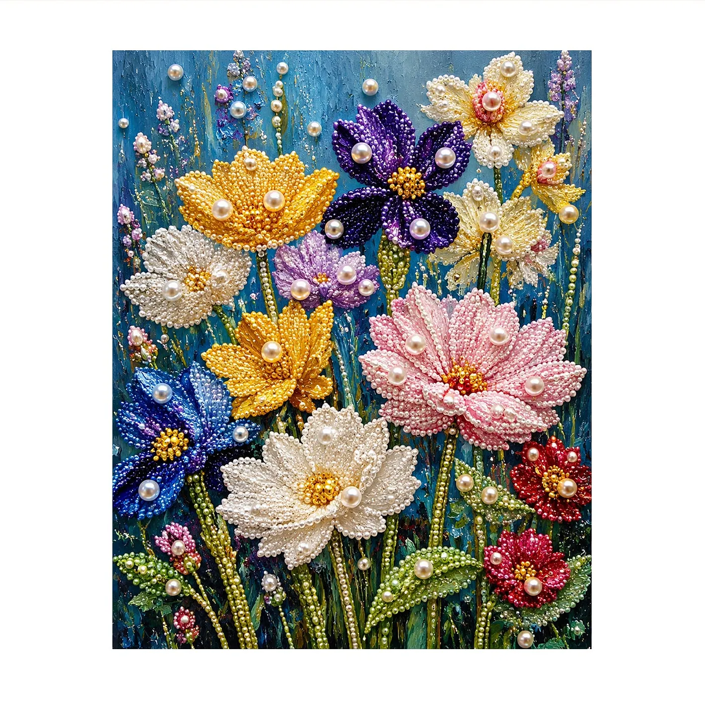 Colorful Flowers Blue - Pearls Painting