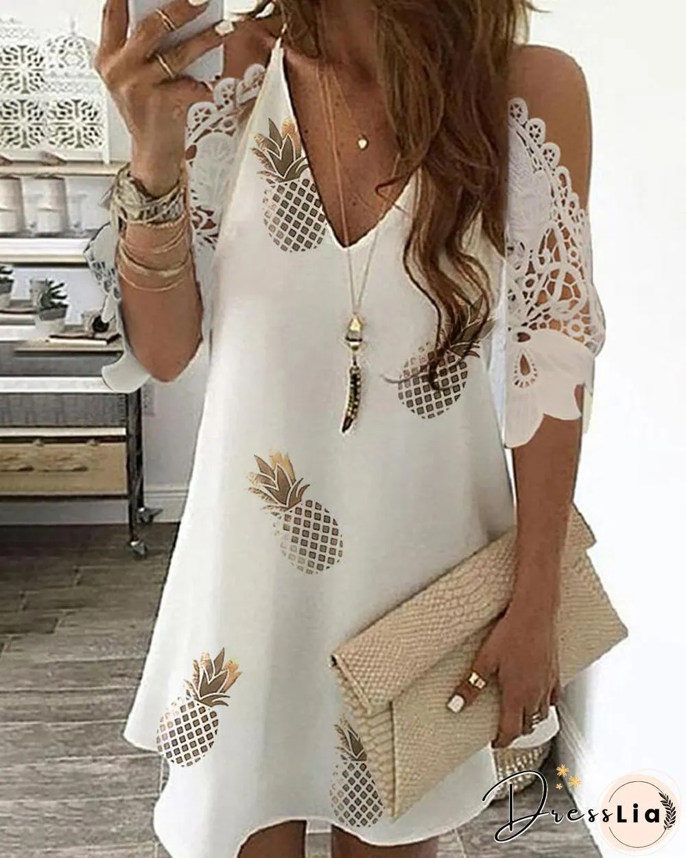 Pineapple Print Cold Shoulder Crochet Lace Dress