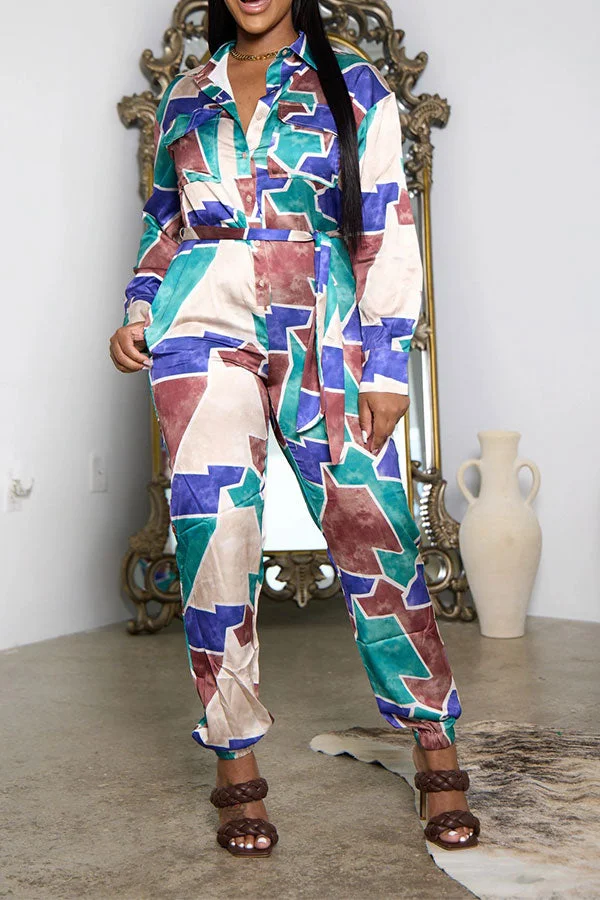 Graphic Print Classic Pocket Belted Jumpsuit