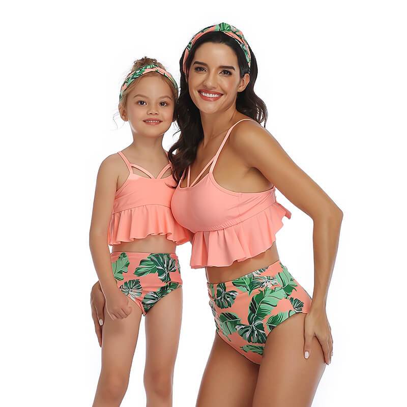 Monstera leaf printed high waist two-piece swimsuit Matching Swimsuits