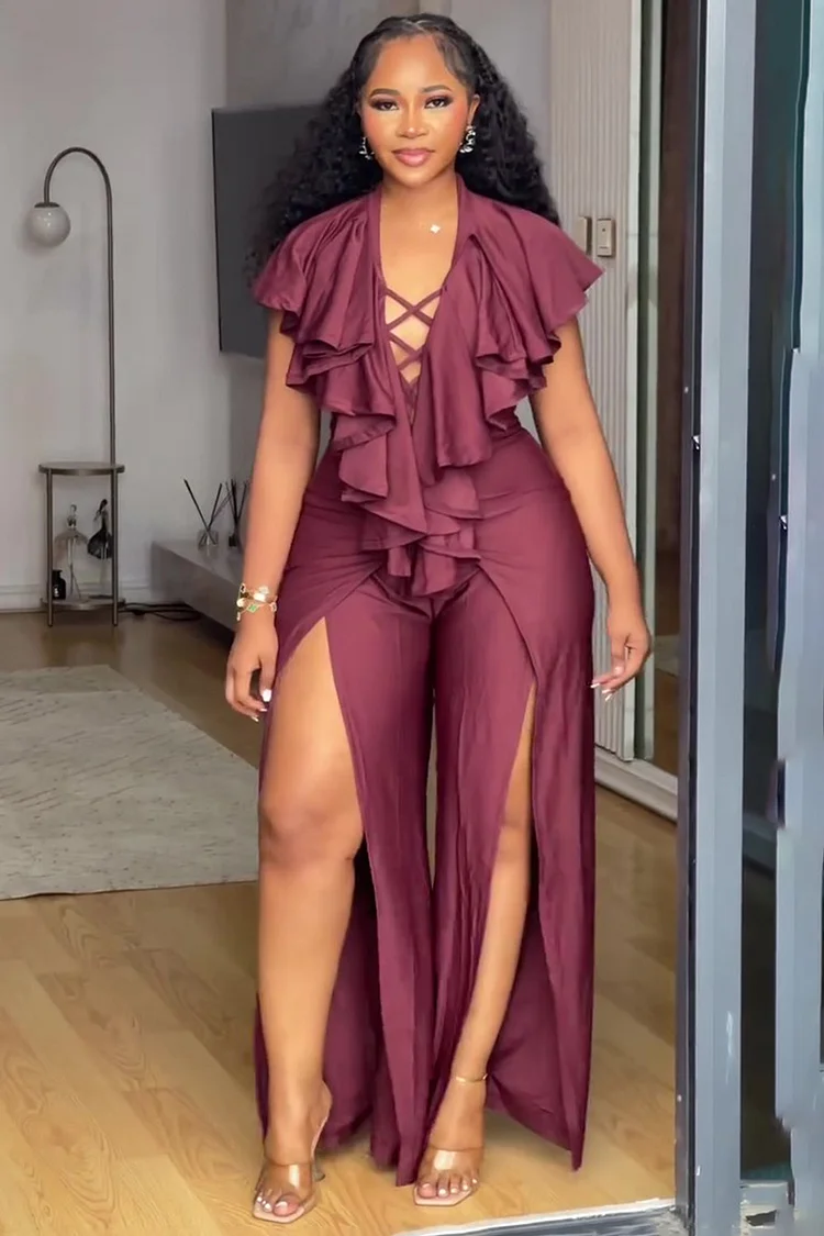 Lace-Up V Neck Ruffle Cutout Party High Slit Jumpsuit-Burgundy [Pre Order]