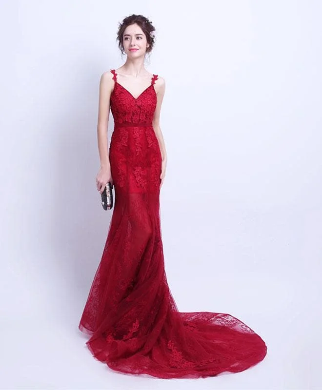 Burgundy Mermaid Tulle Long Prom Dress, Lace Evening Dress