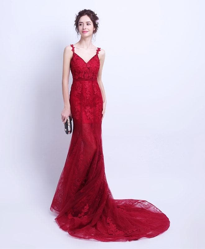 Burgundy Mermaid Tulle Long Prom Dress, Lace Evening Dress