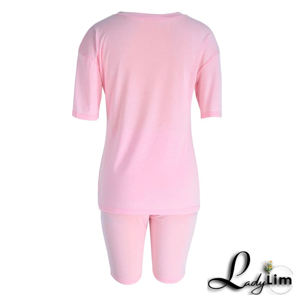 Blue Fashion Casual Letter Print Patchwork O Neck Short Sleeve Two Pieces