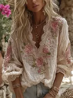 Women's Vintage Pink Floral Art Print Flowy Linen Blend Casual V Neck Tops