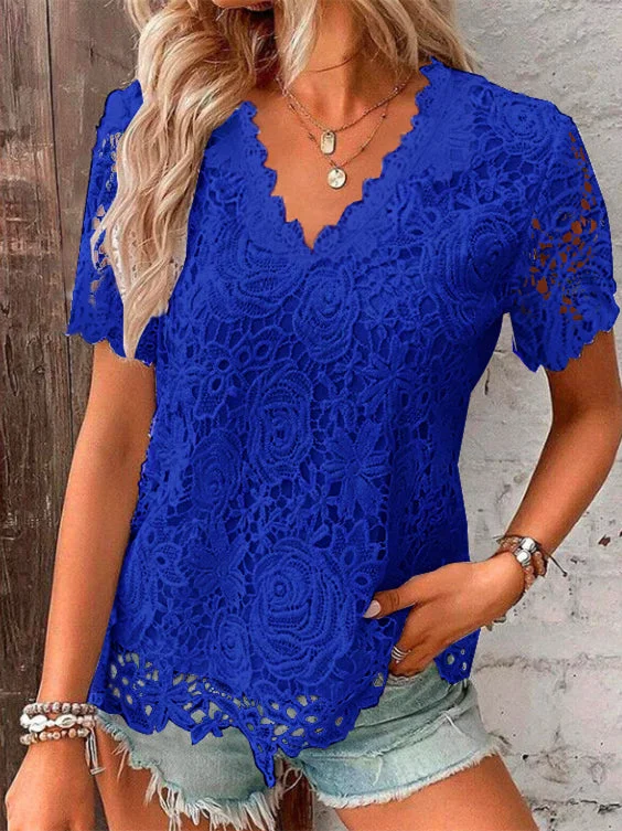 Women Short Sleeve V-neck Solid Color Lace Tops