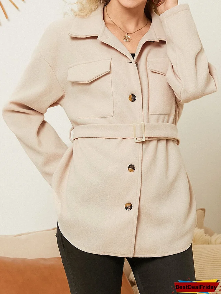 Solid Button Lapel Long Sleeve Casual Shacket Jacket With Belt