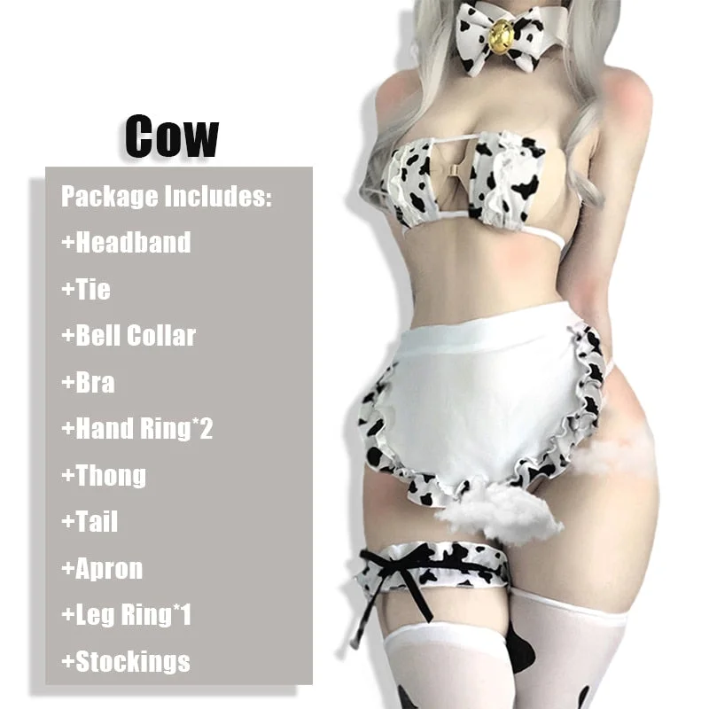 New Cos Cow Cosplay Costume Maid Tankini Bikini Swimsuit Anime Girls Swimwear Clothing Lolita Bra and Panty Set Stockings