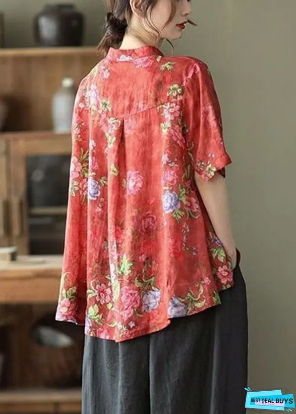 Vintage Red Stand Collar Print Cotton Shirt Tops Short Sleeve