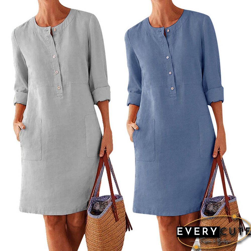 Women Casual Round Neck Dress Cotton And Linen Loose Botton Plus Size Long Sleeve Midi Dress