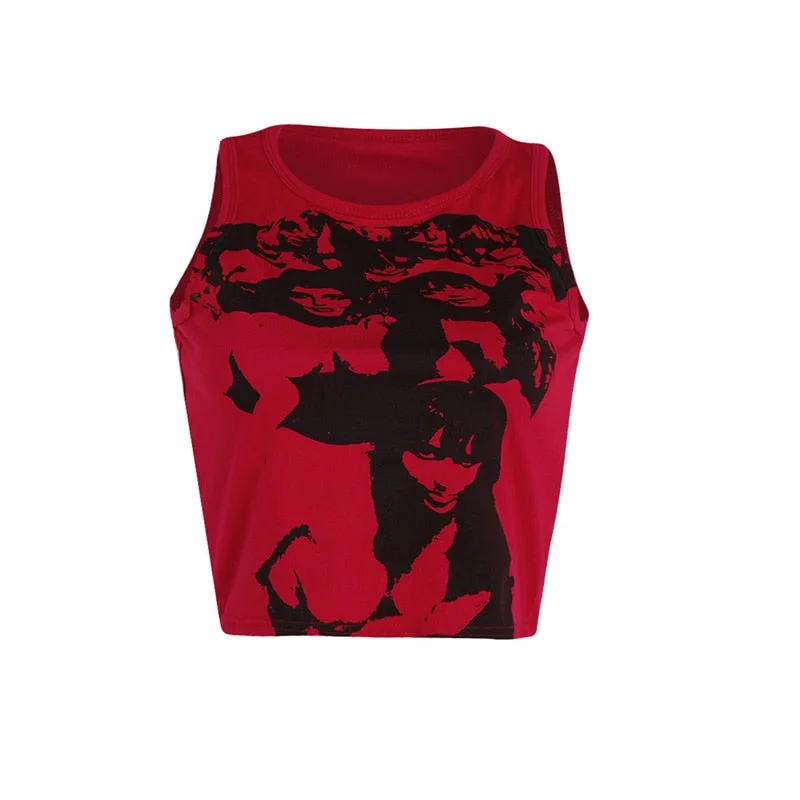 Xingqing Gothic Portrait Print T-shirt Aesthetic Short Sleevle Sweats Tees Harajuku Streetwear White Crop Top Women Clothes