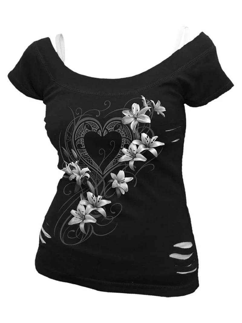 Round neck sling short-sleeved hole print retro female T-shirt