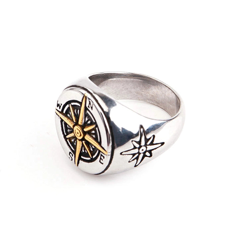 Hip-Hop Compass Titanium Steel Polishing 18K Gold Plated Men’s Rings